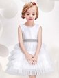 Shining Tulle Scoop Sleeveless Zipper Ruffled Layers and Sequins and Bowknot Flower Girl Dresses in White