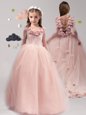 Wonderful Scoop Pink A-line Lace and Appliques and Ruffles Flower Girl Dress Backless Tulle Long Sleeves With Train