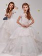 Stylish Scoop Lace Flower Girl Dresses White Backless Short Sleeves With Brush Train
