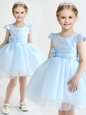 New Style Scoop Cap Sleeves Organza Mini Length Zipper Toddler Flower Girl Dress in Light Blue for with Appliques and Bowknot and Hand Made Flower