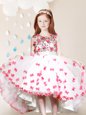 Excellent Scoop Sleeveless High Low Lace and Appliques Zipper Flower Girl Dress with White And Red