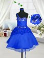 Blue A-line Beading and Hand Made Flower Little Girl Pageant Dress Lace Up Organza Sleeveless Knee Length