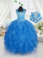 Halter Top Baby Blue Organza Lace Up Little Girls Pageant Dress Wholesale Sleeveless Floor Length Appliques and Ruffles