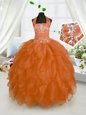 Halter Top Orange Red Sleeveless Beading and Ruffles Floor Length Little Girl Pageant Dress