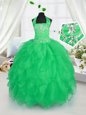 Halter Top Apple Green Lace Up Kids Formal Wear Appliques and Ruffles Sleeveless Floor Length