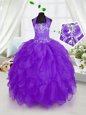 Halter Top Sleeveless Floor Length Appliques and Ruffles Lace Up Kids Pageant Dress with Purple