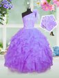 Simple One Shoulder Lavender Sleeveless Beading and Ruffles Floor Length Kids Formal Wear