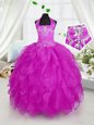 Lovely Halter Top Sleeveless Lace Up Floor Length Appliques and Ruffles Little Girl Pageant Gowns