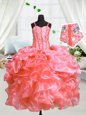 Attractive Beading and Ruffles Little Girl Pageant Dress Watermelon Red Lace Up Sleeveless Floor Length