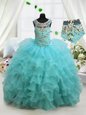 Lovely Ruffled Floor Length Aqua Blue Pageant Gowns For Girls Scoop Sleeveless Lace Up