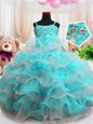 Aqua Blue Organza Zipper Spaghetti Straps Sleeveless Floor Length Little Girls Pageant Dress Beading and Ruffled Layers