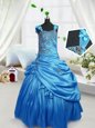 Dazzling Straps Sleeveless Child Pageant Dress Floor Length Beading and Pick Ups Aqua Blue Satin