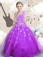 Purple Sleeveless Beading and Appliques and Hand Made Flower Floor Length Little Girl Pageant Gowns