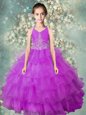 Excellent Halter Top Lavender Zipper Pageant Gowns For Girls Beading and Ruffled Layers Sleeveless Floor Length