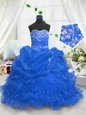 Blue Ball Gowns Organza Sweetheart Sleeveless Beading and Ruffled Layers and Pick Ups Floor Length Lace Up Child Pageant Dress