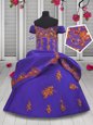 Off the Shoulder Purple Satin Lace Up Little Girl Pageant Gowns Sleeveless Floor Length Beading and Appliques