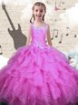Perfect Ball Gowns Little Girls Pageant Dress Rose Pink Halter Top Organza Sleeveless Floor Length Lace Up