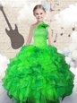 Floor Length Green Flower Girl Dresses Organza Sleeveless Beading and Ruffles