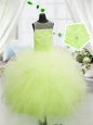 Scoop Yellow Green Tulle Zipper Girls Pageant Dresses Sleeveless Floor Length Beading and Appliques