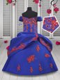Royal Blue Satin Lace Up Off The Shoulder Sleeveless Floor Length Little Girl Pageant Gowns Beading and Appliques