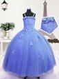 Blue Sleeveless Floor Length Beading and Hand Made Flower Zipper Kids Formal Wear