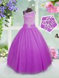 Affordable Lilac Ball Gowns Asymmetric Sleeveless Tulle Floor Length Lace Up Beading Little Girls Pageant Dress Wholesale