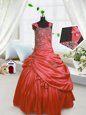Low Price Floor Length Watermelon Red Little Girl Pageant Dress Satin Sleeveless Beading and Pick Ups