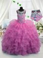 Graceful Scoop Beading and Ruffled Layers Little Girl Pageant Dress Fuchsia Lace Up Sleeveless Floor Length