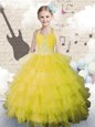Popular Halter Top Yellow Green Ball Gowns Beading and Ruffled Layers Little Girls Pageant Dress Lace Up Organza Sleeveless Floor Length