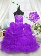 Sweetheart Sleeveless Child Pageant Dress Floor Length Beading and Ruffled Layers and Pick Ups Purple Organza