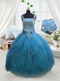 Aqua Blue Ball Gowns Straps Sleeveless Tulle Floor Length Lace Up Beading and Ruffles Little Girls Pageant Dress