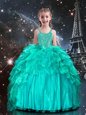 Aqua Blue Organza Lace Up Little Girl Pageant Dress Sleeveless Floor Length Beading and Ruffles