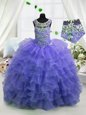 Latest Lavender Organza Lace Up Scoop Sleeveless Floor Length Little Girl Pageant Dress Beading and Ruffled Layers