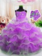 Purple Spaghetti Straps Zipper Beading and Ruffled Layers Girls Pageant Dresses Sleeveless