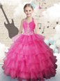 Custom Made Halter Top Floor Length Lavender Little Girls Pageant Dress Organza Sleeveless Beading and Ruffled Layers