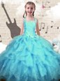 Floor Length Aqua Blue Girls Pageant Dresses Halter Top Sleeveless Lace Up