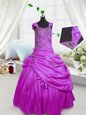 Fuchsia Ball Gowns Straps Sleeveless Satin Floor Length Lace Up Beading and Pick Ups Little Girls Pageant Dress Wholesale