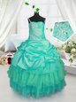 Latest Turquoise Strapless Neckline Beading and Ruffled Layers and Pick Ups Little Girls Pageant Gowns Sleeveless Lace Up