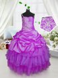 Beauteous One Shoulder Sleeveless Satin and Tulle Floor Length Lace Up Little Girls Pageant Dress Wholesale in Lavender for with Beading and Ruffled Layers and Pick Ups