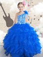 Ball Gowns Girls Pageant Dresses Navy Blue One Shoulder Organza Sleeveless Floor Length Lace Up