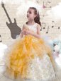 High End Scoop Orange Sleeveless Beading and Ruffles Floor Length Little Girls Pageant Dress Wholesale