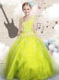Yellow Green Asymmetric Neckline Beading and Appliques and Hand Made Flower Girls Pageant Dresses Sleeveless Lace Up