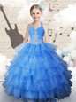 Halter Top Floor Length Lace Up Little Girls Pageant Dress Light Blue and In for Party and Wedding Party with Beading and Ruffled Layers