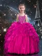 Hot Pink Ball Gowns Spaghetti Straps Sleeveless Organza Floor Length Lace Up Beading and Ruffles Kids Pageant Dress
