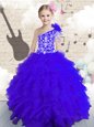 Customized Navy Blue Ball Gowns Organza One Shoulder Sleeveless Embroidery and Ruffles and Hand Made Flower Floor Length Lace Up Little Girls Pageant Dress