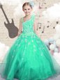 Asymmetric Sleeveless Little Girl Pageant Dress Floor Length Appliques Apple Green Tulle