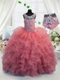 Scoop Sleeveless Little Girl Pageant Gowns Floor Length Beading and Ruffled Layers Coral Red Organza