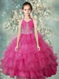 Latest Halter Top Floor Length Zipper Little Girl Pageant Dress Rose Pink and In for Party and Wedding Party with Beading and Ruffled Layers