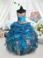 Custom Made Baby Blue Sleeveless Beading and Ruffles and Pick Ups Floor Length Kids Formal Wear
