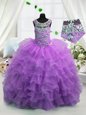 High Class Lavender Ball Gowns Scoop Sleeveless Organza Floor Length Lace Up Beading and Ruffled Layers Child Pageant Dress